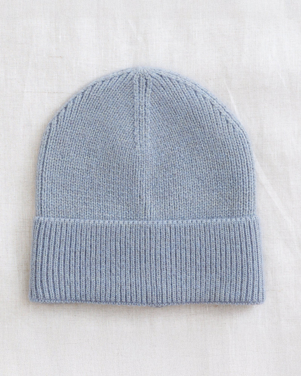 Light blue-gray rib-knit beanie with folded brim