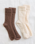 Harvest sock set: brown and cream ribbed knit socks with cuff, textured pattern