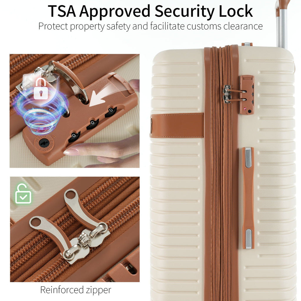 Beige hard-shell suitcase with TSA-style lock and reinforced zipper track