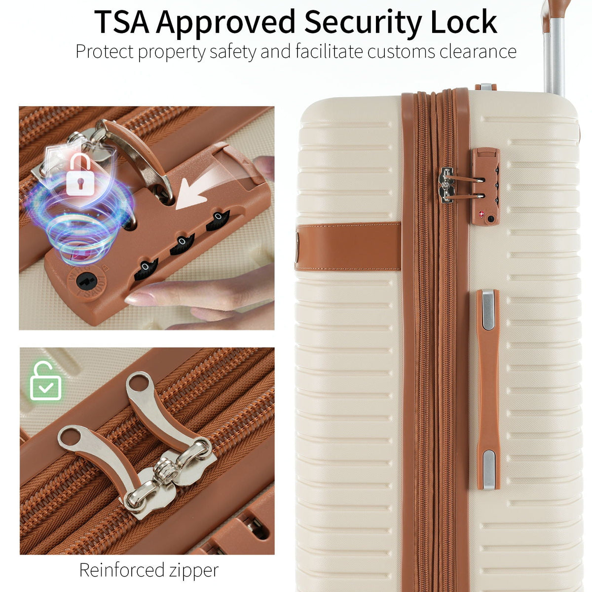 Beige hard-shell suitcase with TSA-style lock and reinforced zipper track