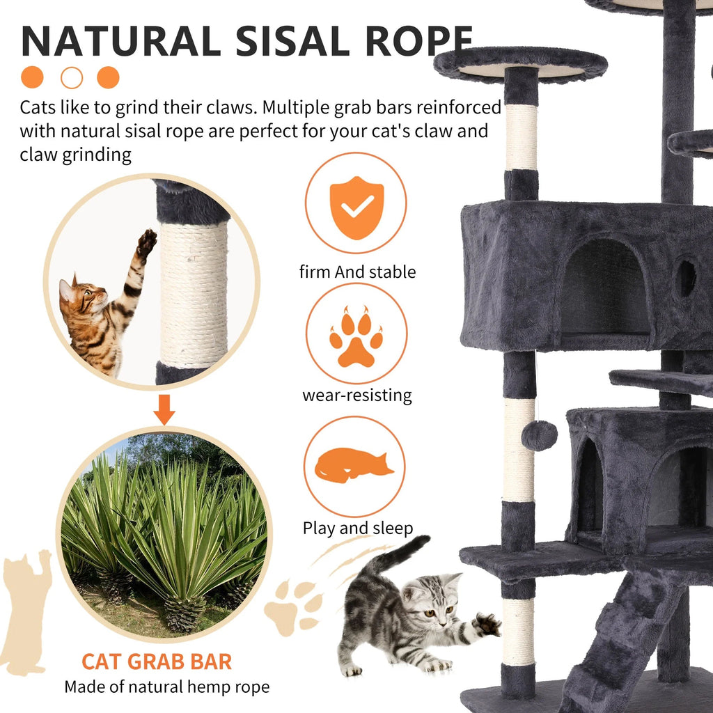 Cat tree detail showing natural sisal scratching posts, plush condos and platforms