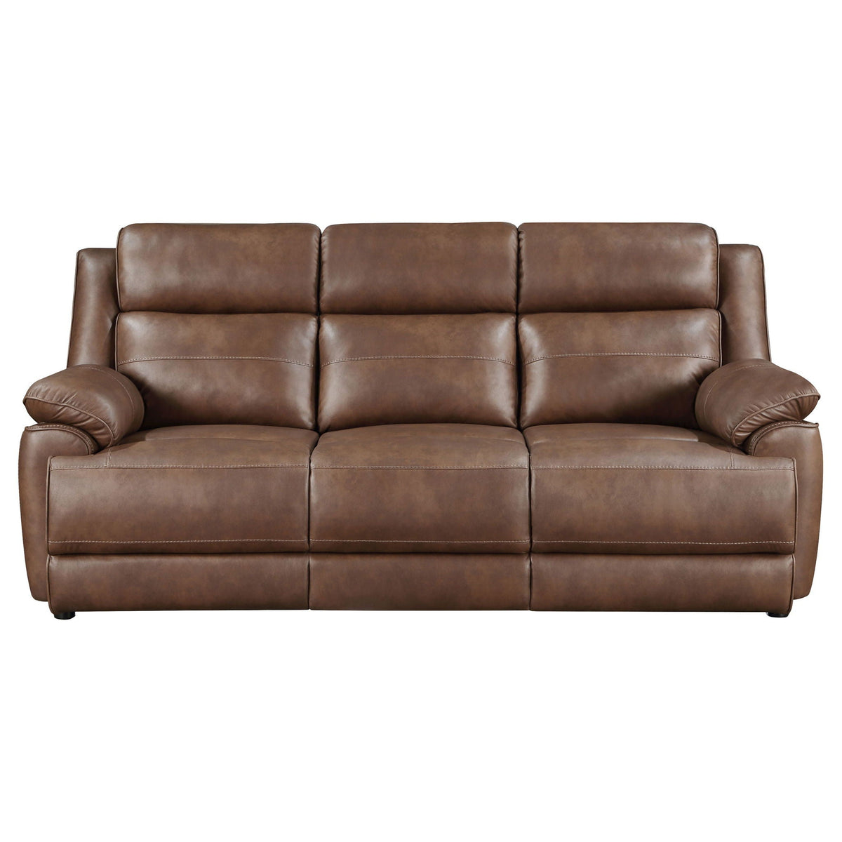 Dark brown upholstered 3-seat sofa with rolled arms and deep seat cushions