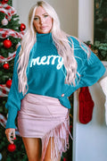 Teal turtleneck sweater with long sleeves and 'merry' print