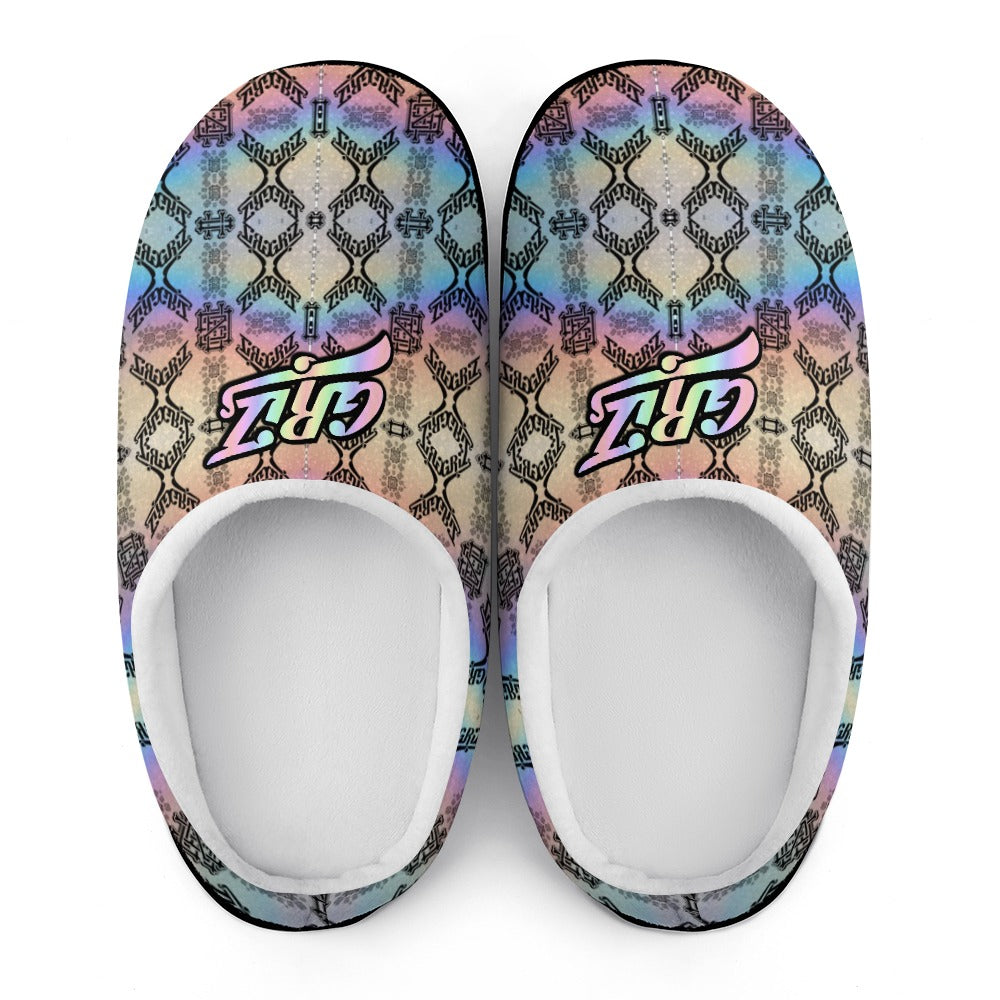 Pair of multicolor cotton slip-on slippers with geometric pattern and white cushioned lining