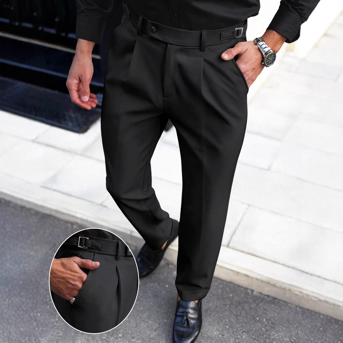 Black straight-leg business trousers with belt loops, button closure, and side pockets
