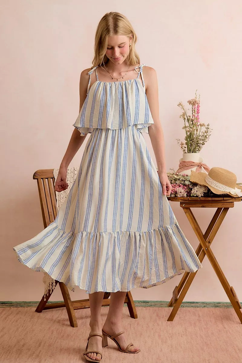 Blue-and-white striped lined midi dress with tiered skirt and shoulder tie straps