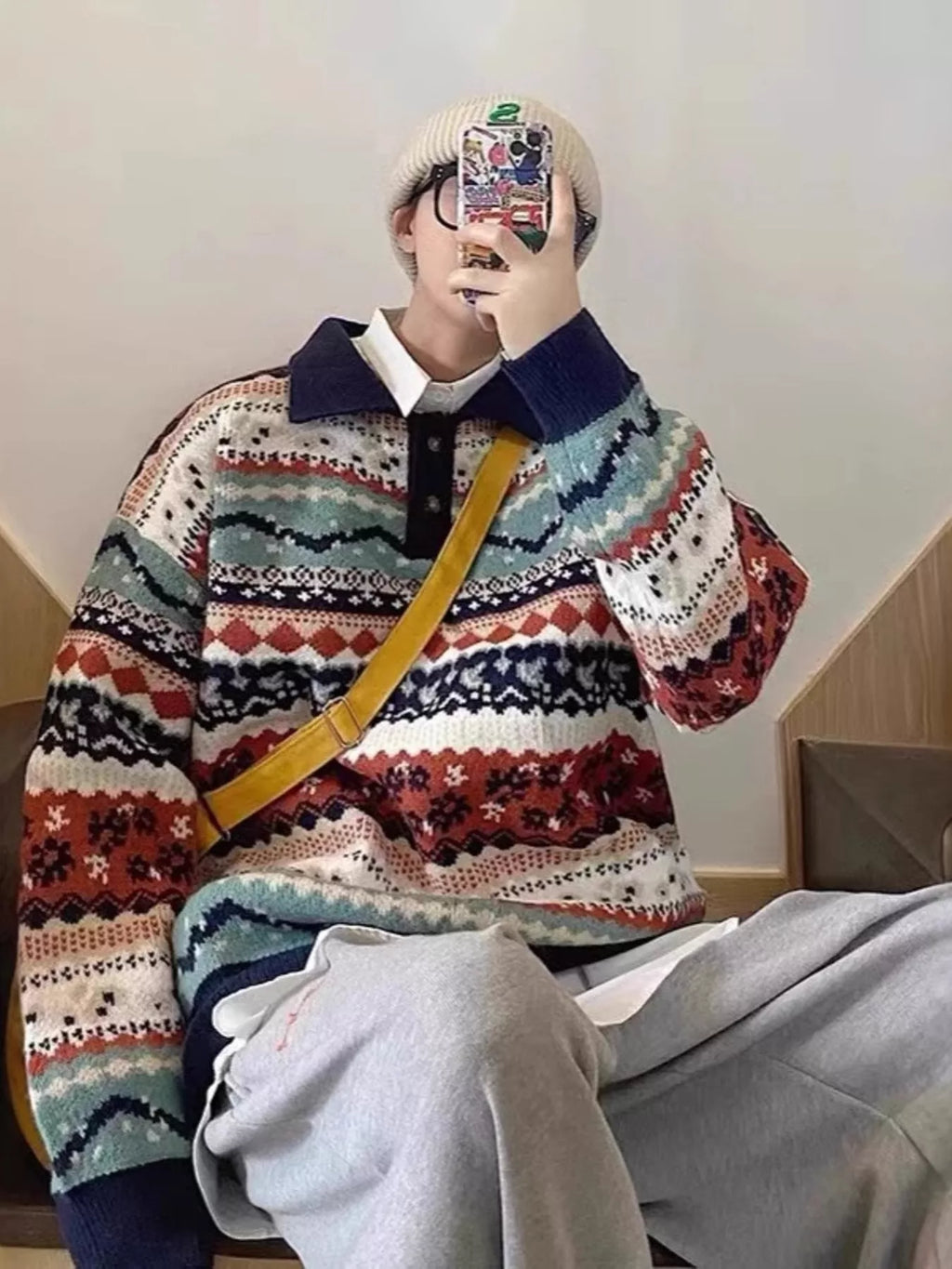 Vintage patterned knit sweater with navy collar and red, green, cream fair-isle pattern