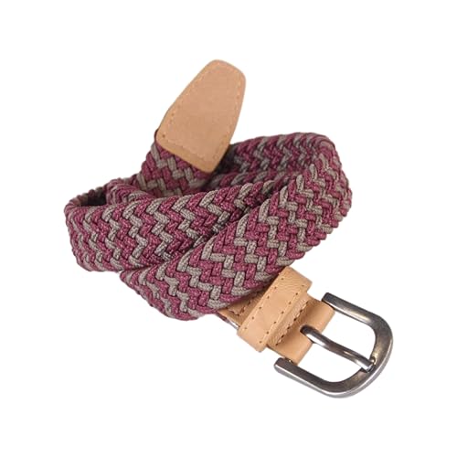 Stretchy woven kids belt in maroon and pink with tan leather tabs and silver buckle