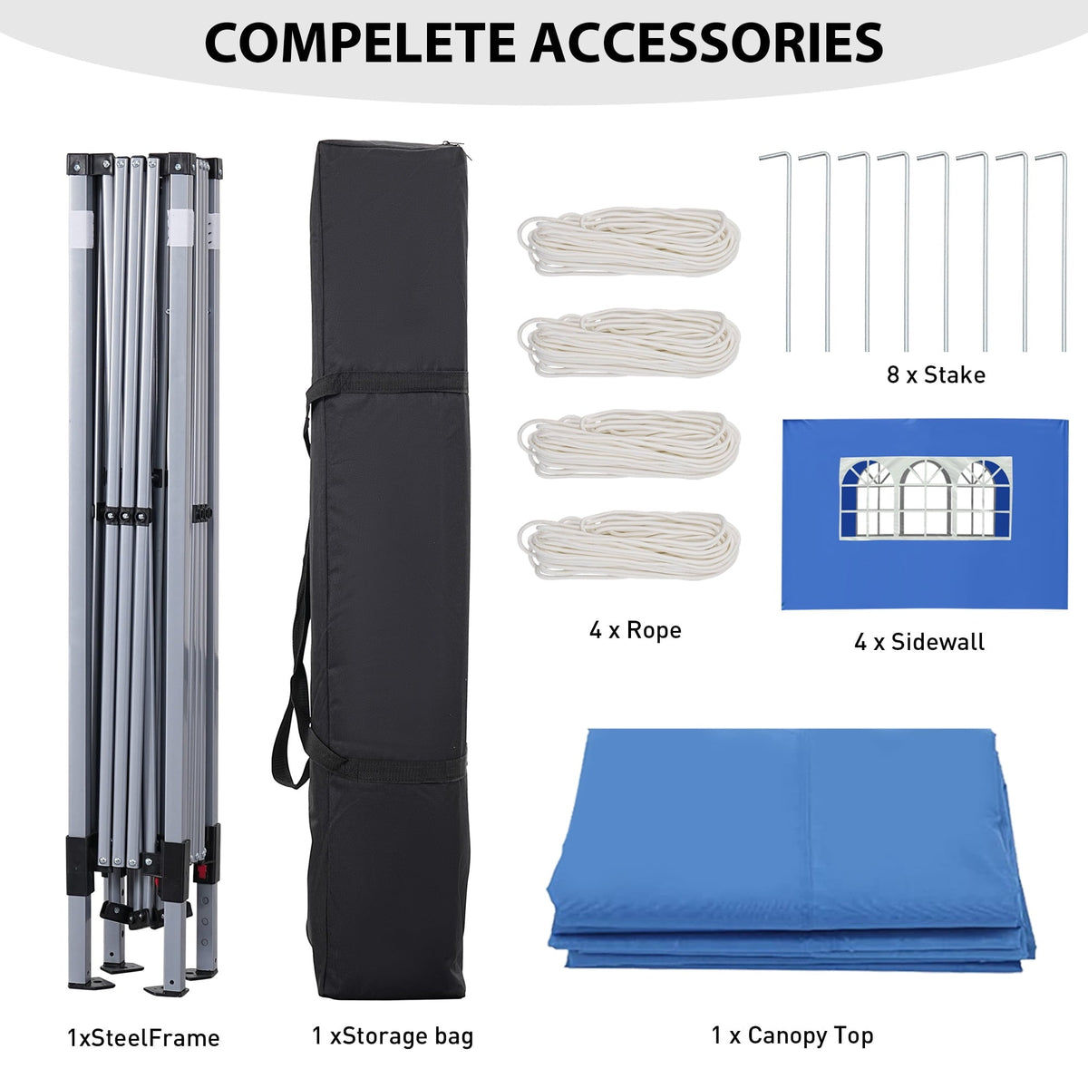 Pop-up canopy tent accessories set: steel frame, storage bag, canopy top, and sidewalls