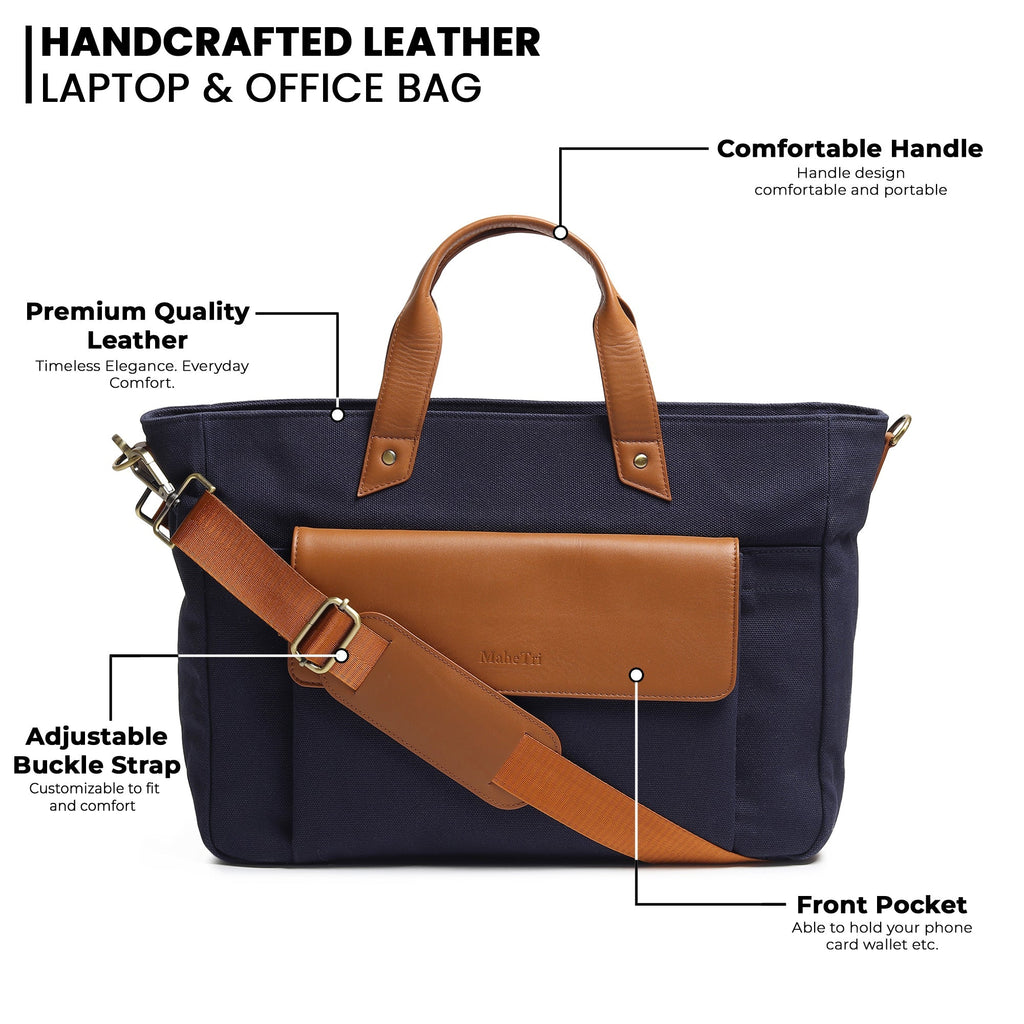 Dark blue canvas briefcase with tan leather handles, strap, and front pocket