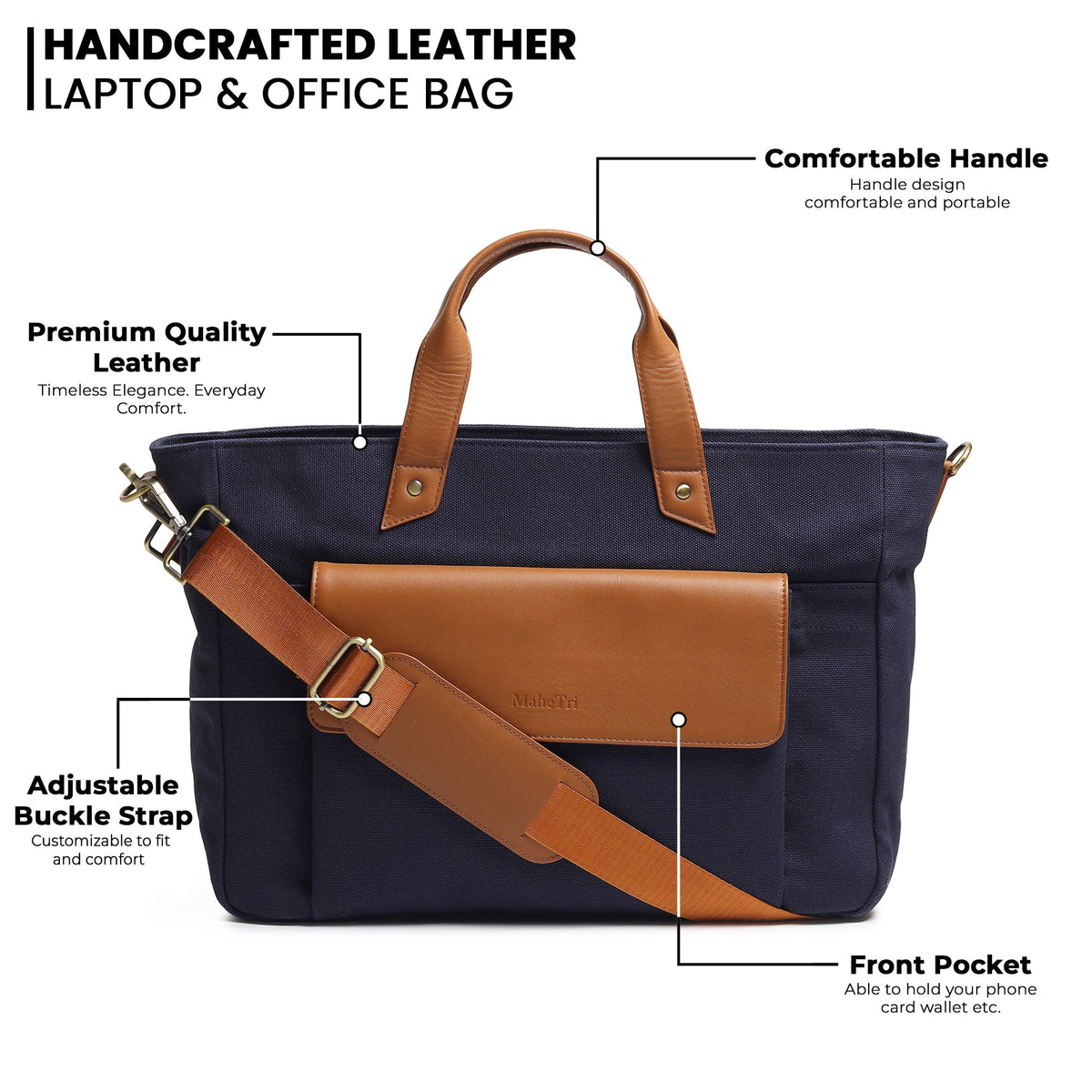 Dark blue canvas briefcase with tan leather handles, strap, and front pocket