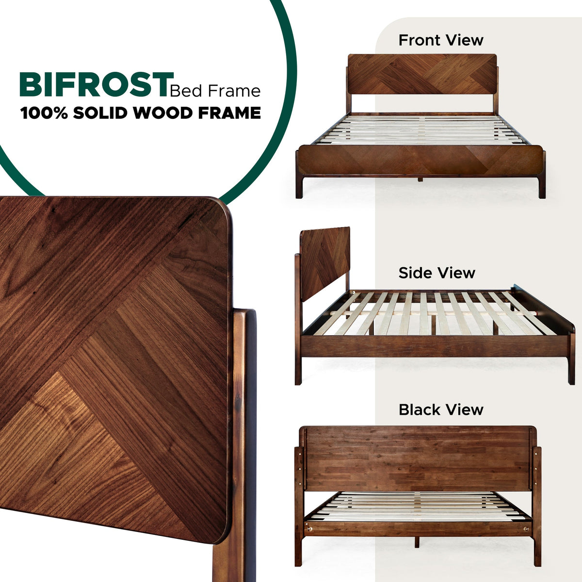 Bifrost solid wood bed frame with headboard, footboard, and slatted support platform