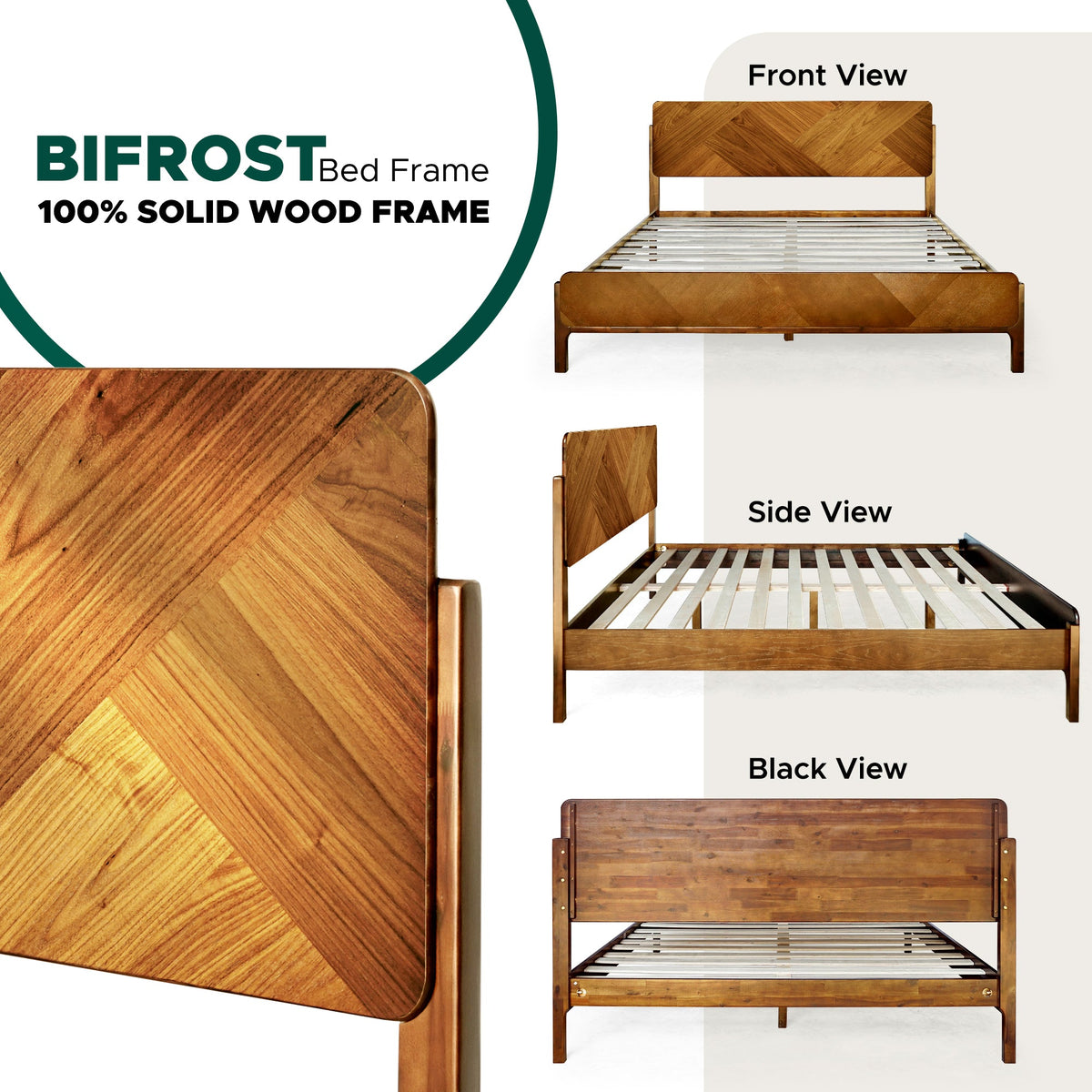 Walnut solid wood bed frame with tall headboard and slatted mattress support.