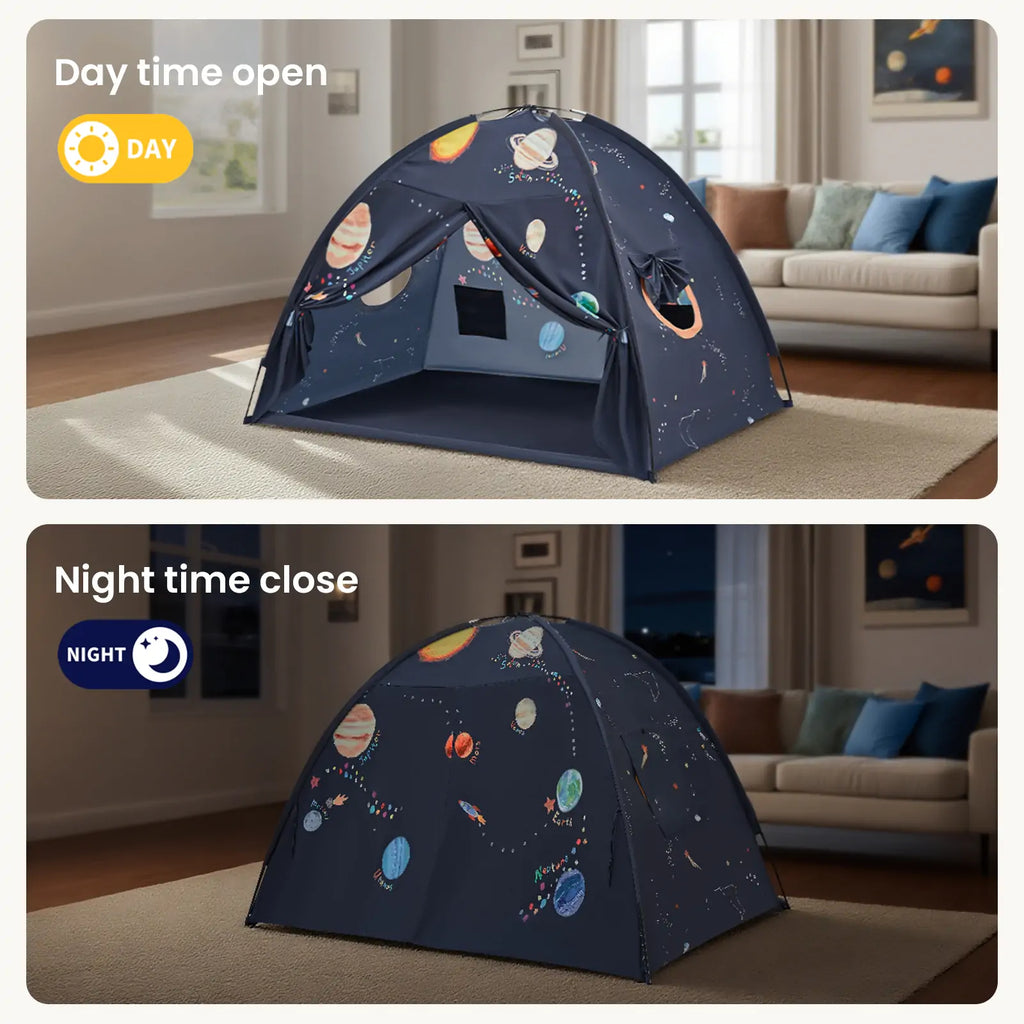 Kids tent with dark navy space print, front opening shown in open and closed views