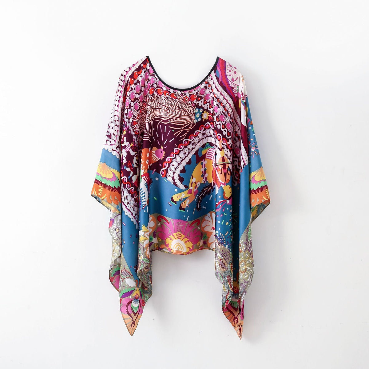 Women's colorful abstract pullover shawl with batwing sleeves, pink blue and multicolor