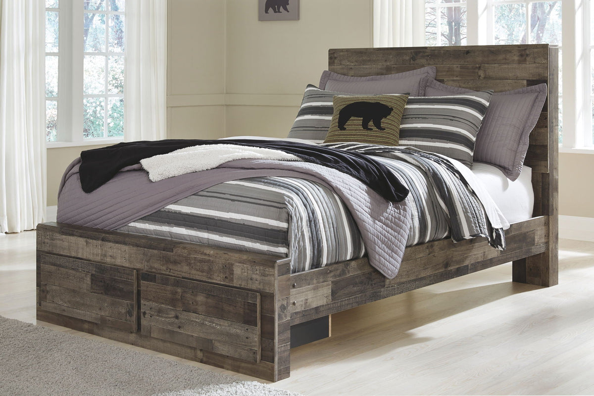 Derekson youth platform bed with dark wood panel headboard and striped bedding set