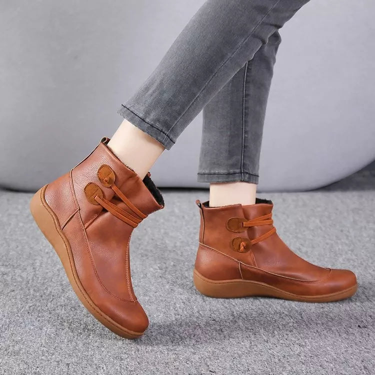 Caramel lace-up ankle boots with button detail and padded low heel sole