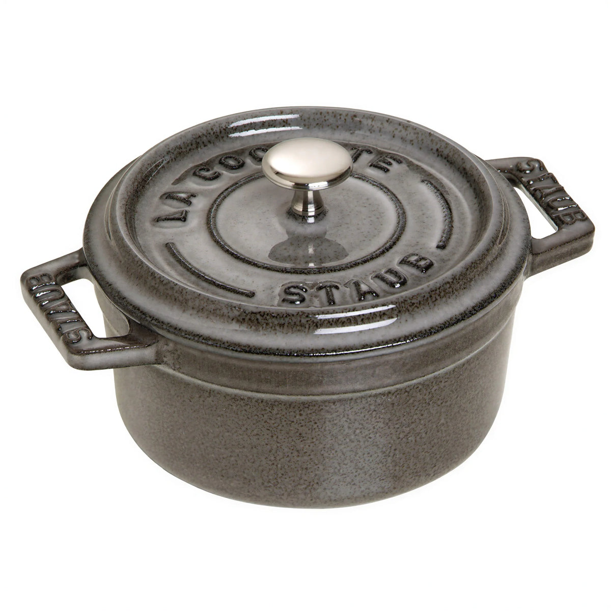 Staub mini enameled cast iron Dutch oven with lid, graphite grey, round, dual handles