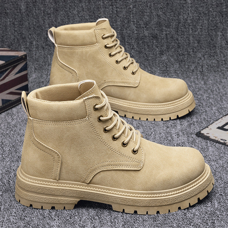Khaki suede-look lace-up ankle boots with rounded toe and thick lug sole