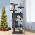 Ashy gray cat tree with two enclosed condos, multiple perches, sisal posts and a ramp