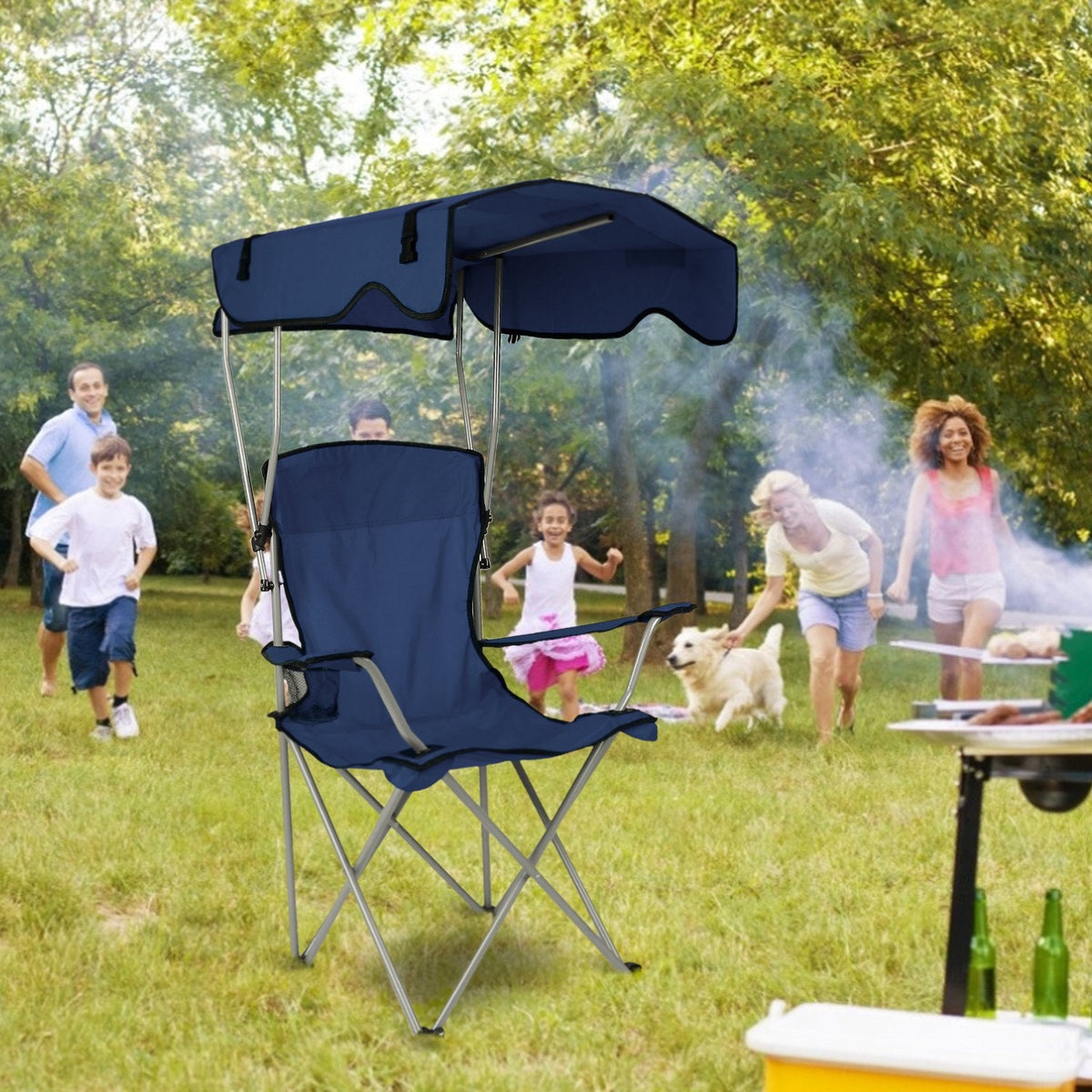 Foldable beach canopy chair with navy blue sunshade and padded seat, steel legs