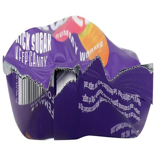 Smartsweets gummy worms candy pouch back, purple wrap with ingredients and barcode