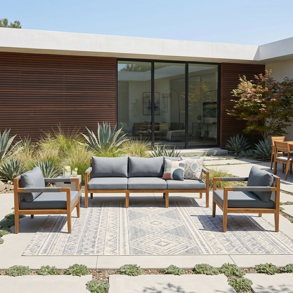 Outdoor sectional sofa set with acacia wood frame, dark gray cushions, rope-style backs