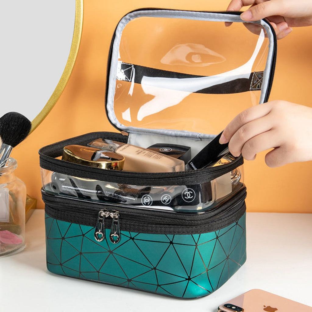Clear top double cosmetic bag opened, black zipper and teal geometric pattern