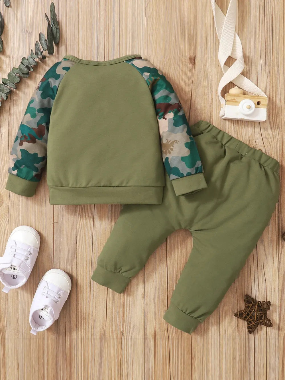 Children's army green top with camouflage sleeves and matching pants