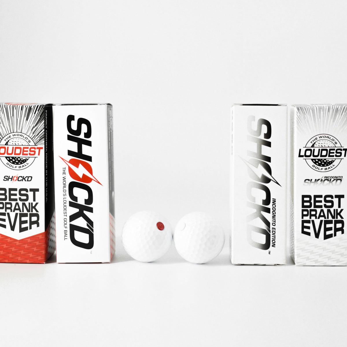 SHOCK'D golf ball mega pack showing red and white sleeves with two loose white balls.