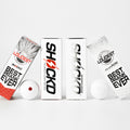 Golf ball multipack with Shock'd boxes and white golf balls with red dot