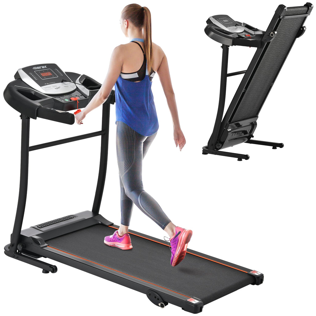 Black folding treadmill with console and running deck, user jogging