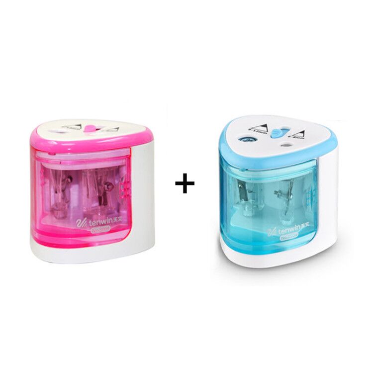 Two-hole electric pencil sharpeners, pink and blue with transparent cutting chambers