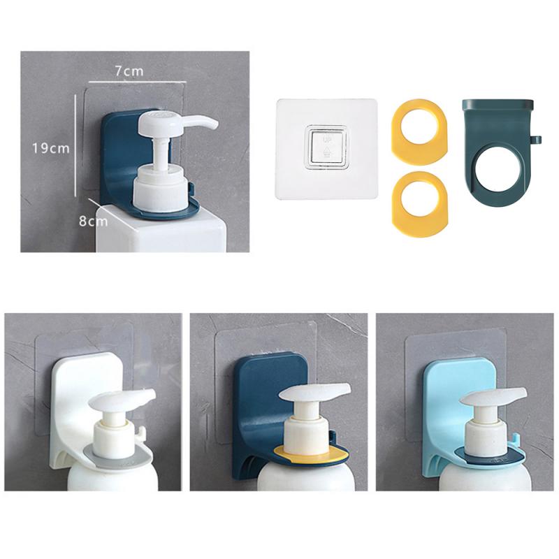 Self-adhesive shower bottle holder set with size diagram and installation pieces