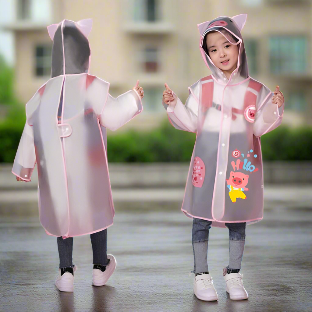 Kids pink transparent raincoat with hood and visor, full front graphic print