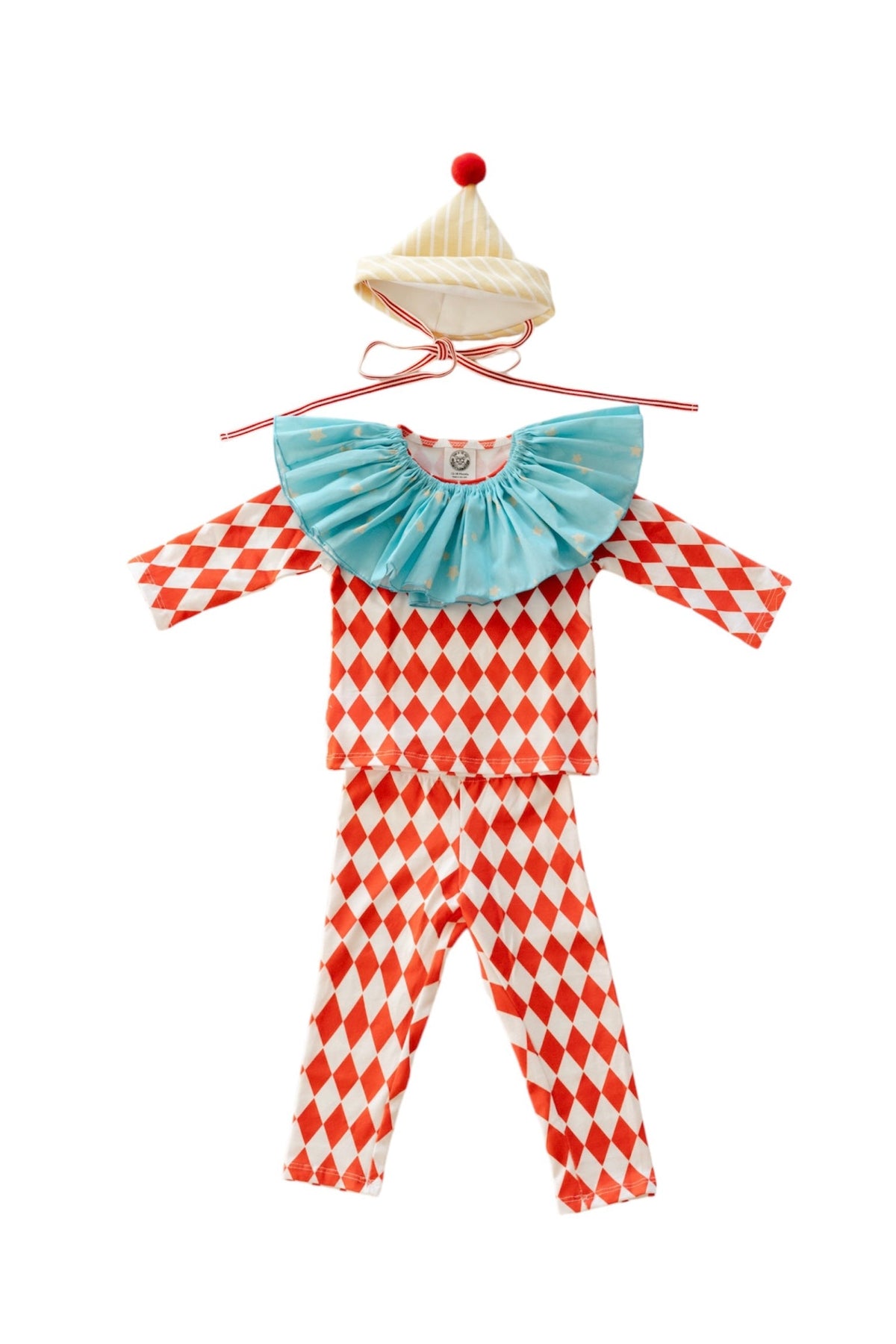 Kids clown costume set on white: red diamond jumpsuit, light blue ruffled collar, striped cone hat