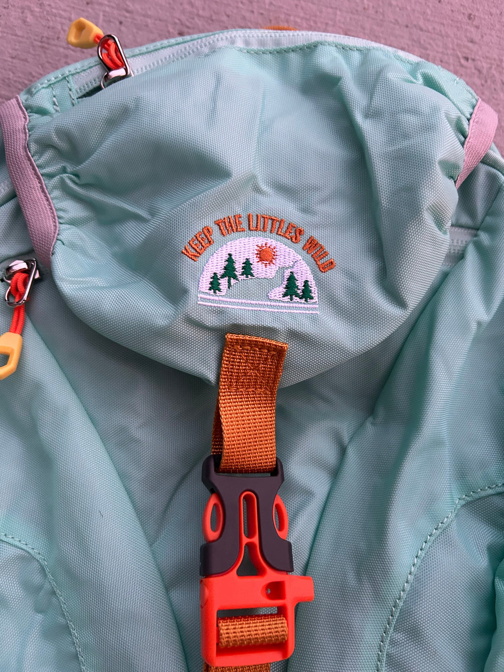 Light blue backpack interior panel with logo patch and orange water-bladder clip