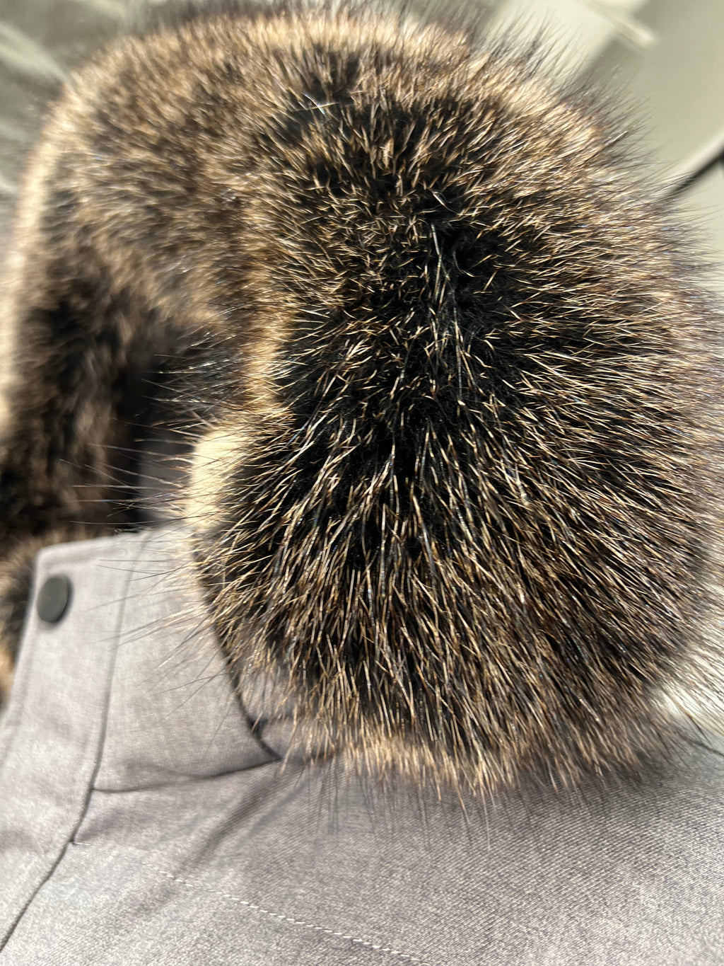 Close-up of dark brown fur hood trim on a grey puffer coat