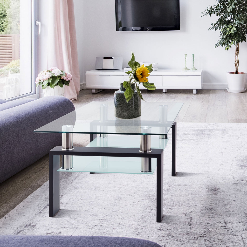 Rectangular black glass coffee table with clear glass top and mid lower shelf
