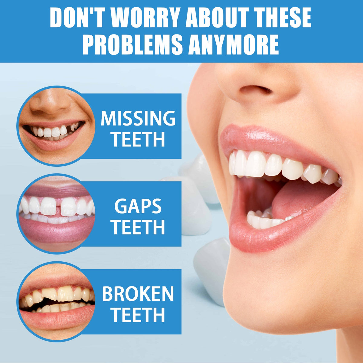 Dental repair kit missing teeth, gaps, and broken teeth problem graphic