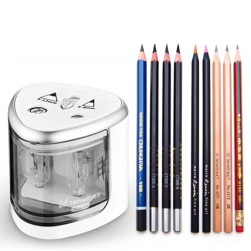 Silver two-hole electric pencil sharpener with colored pencils