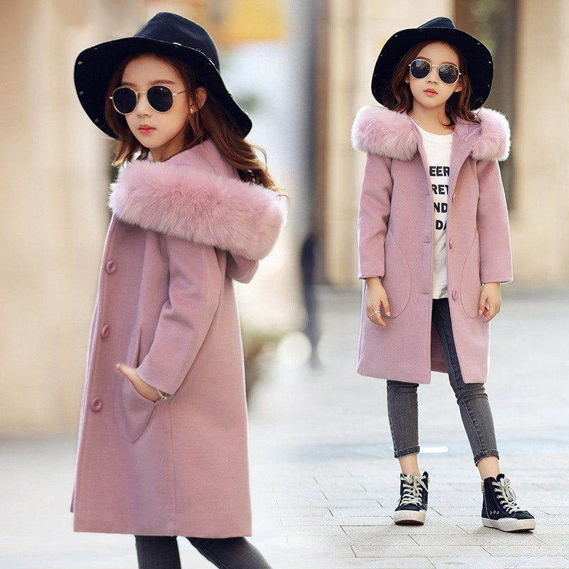 Girls pink hooded long-sleeve winter coat with faux fur collar trim and button front