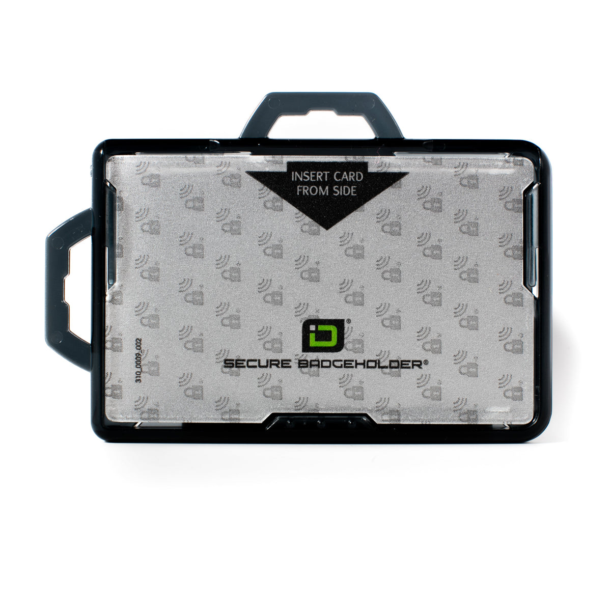 Black badge holder with clear front window and top handle, dual-hook side supports.