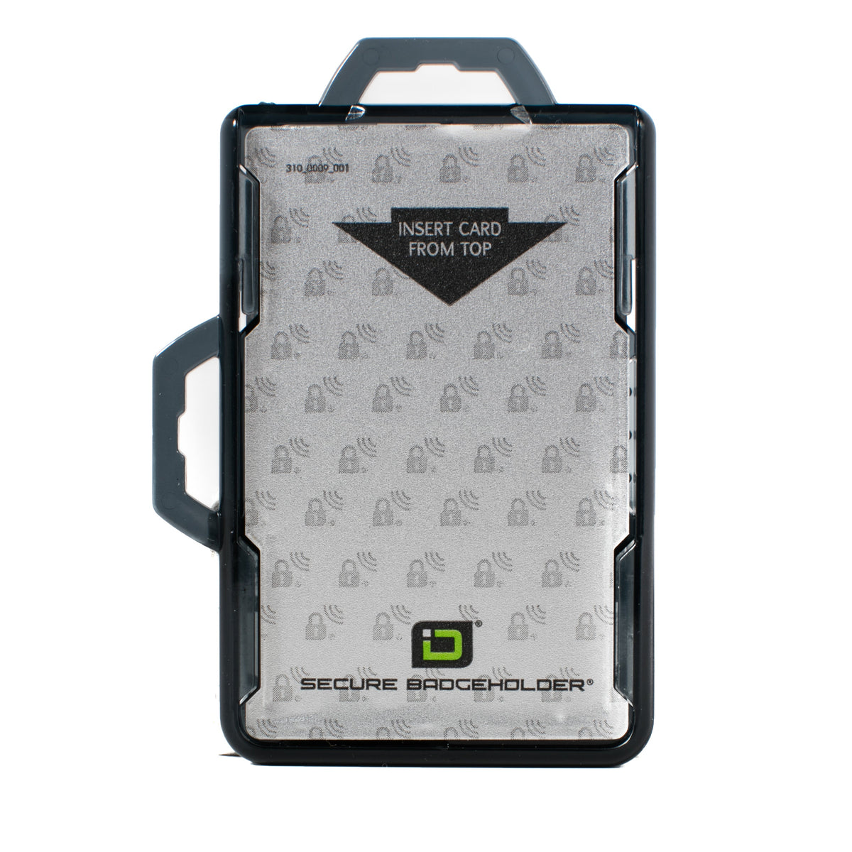 Black cardholder badge holder with clear front window and top handle, card insert graphics.