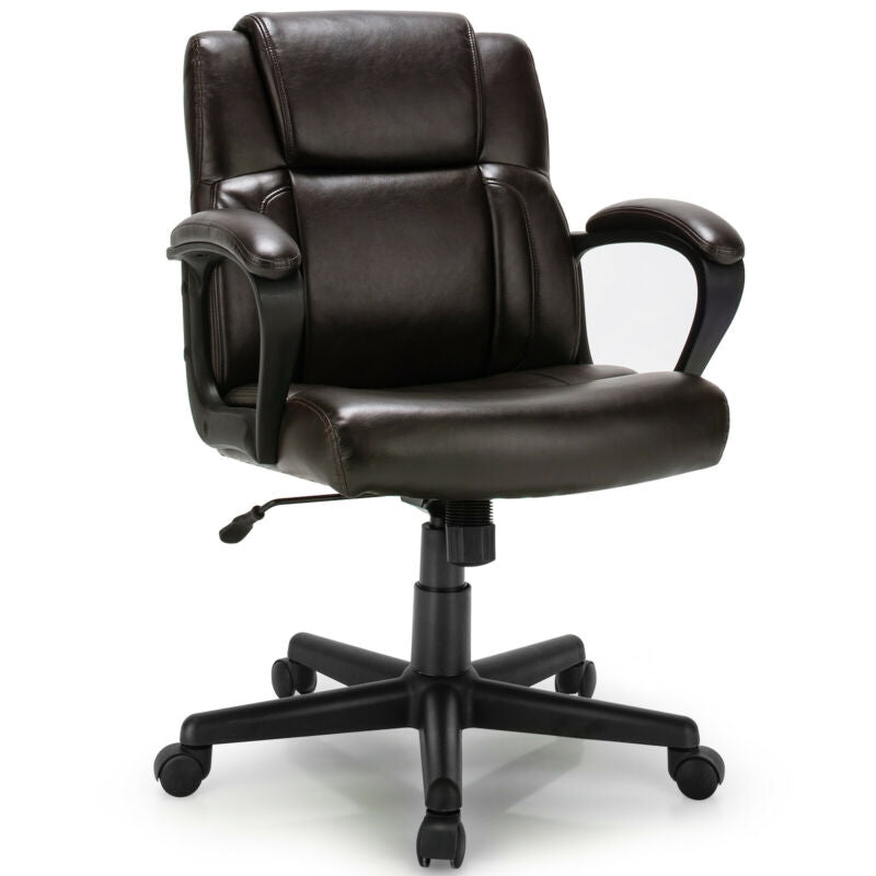 Dark leather office chair with wide armrests, padded back, and black rolling base.