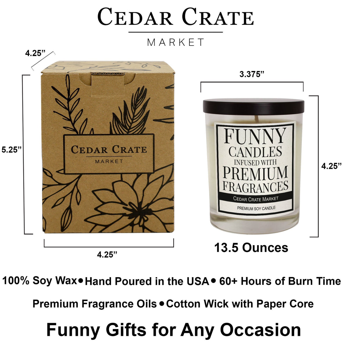Cedar Crate Market premium fragrance candle box and jar showing 13.5 oz size.