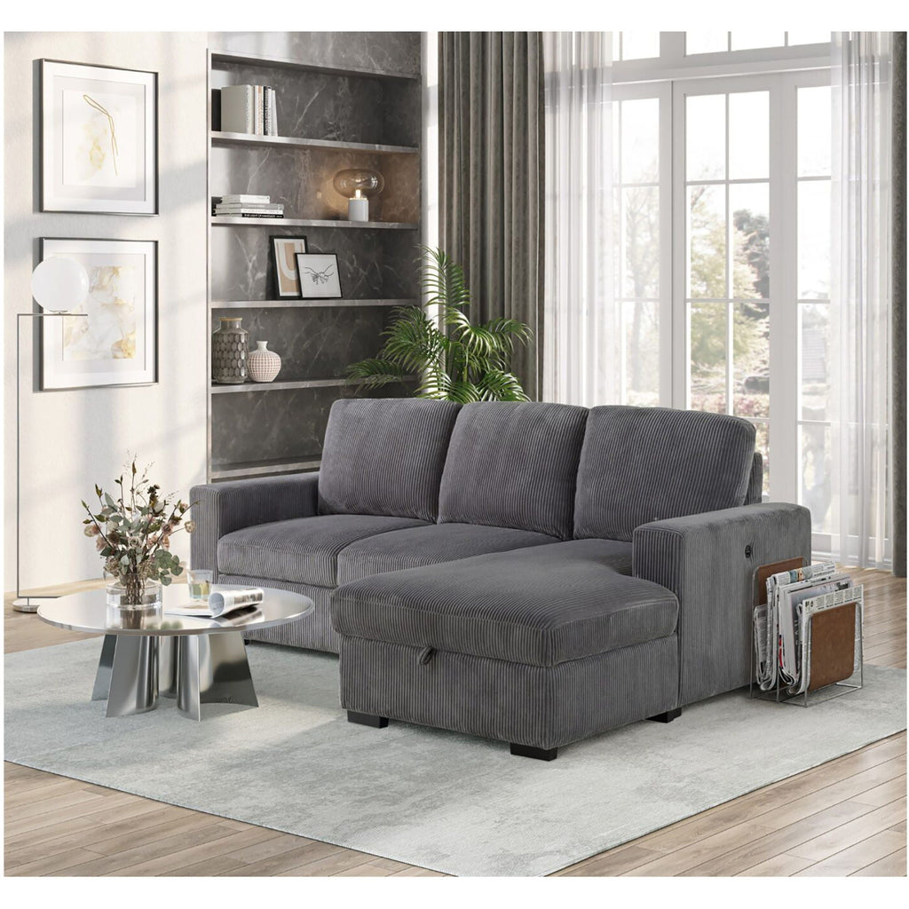 Dark gray sectional sofa with chaise, wide seat cushions, and square arms