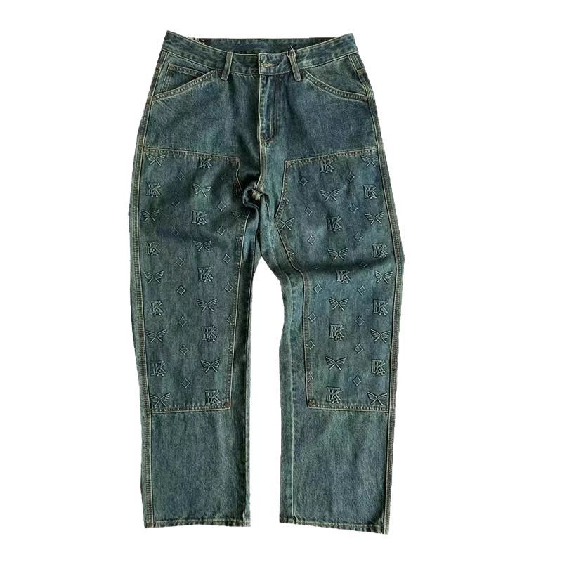 Men's blue-green denim trousers, vintage-washed straight-leg fit with allover print
