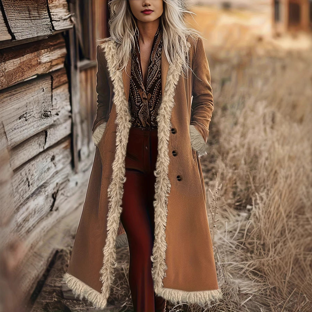 Women’s long brown jacket with cream faux-fur trim along edges
