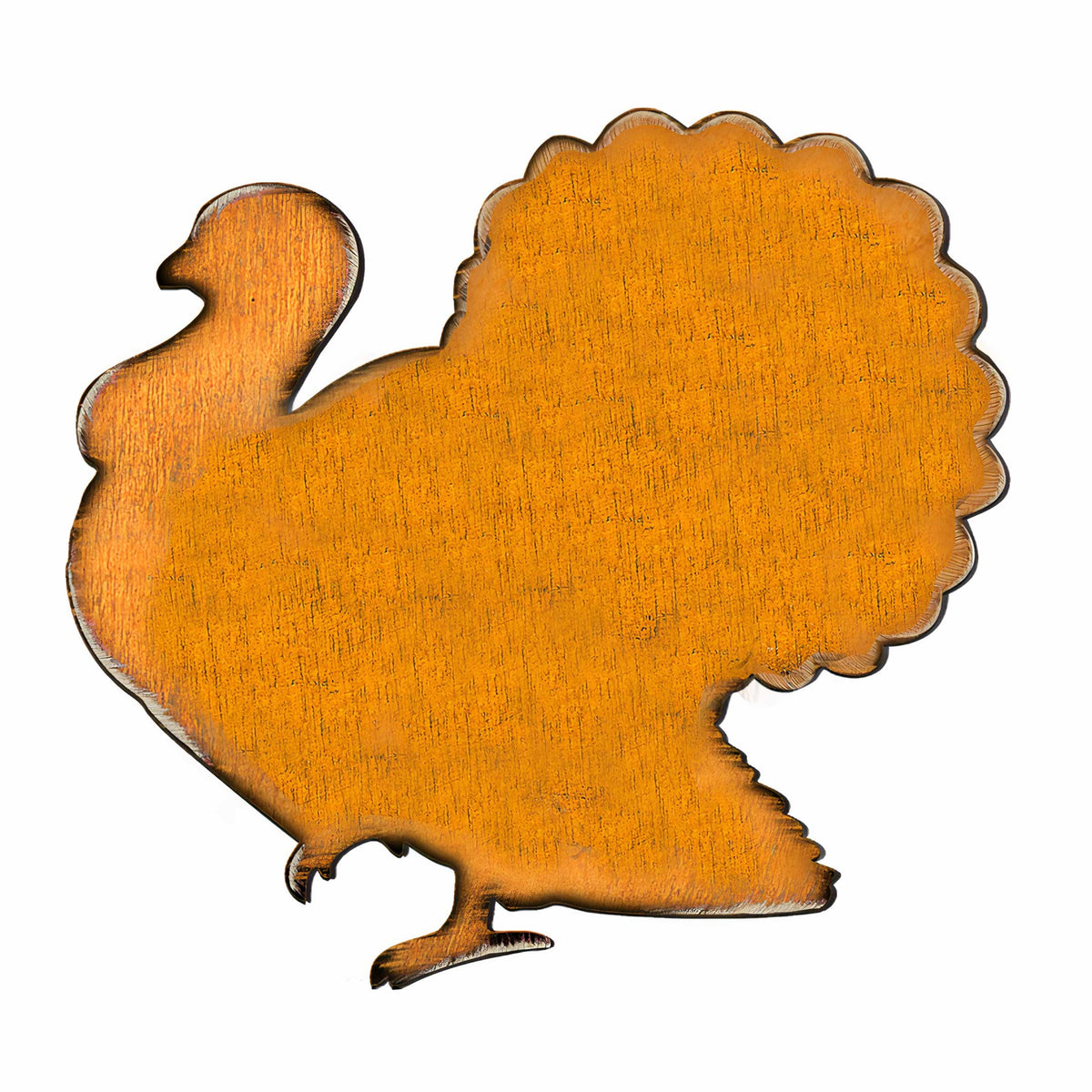 Orange wooden turkey door hanger with woodgrain texture and scalloped border